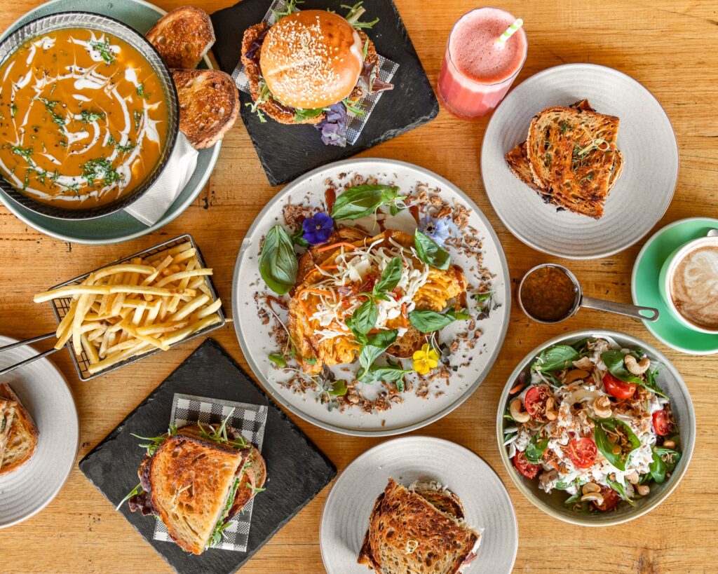 A spread of Hot Poppy Cafe food and drinks