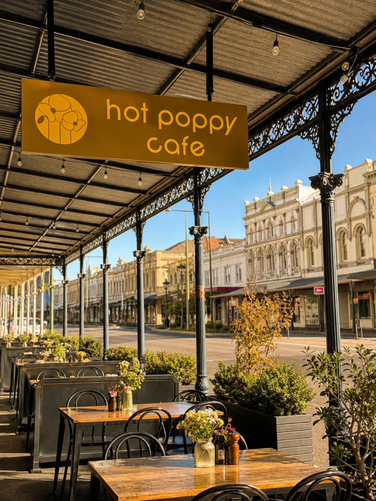 Hot Poppy Cafe awning and outdoor tables on Errol Street, North Melbourne